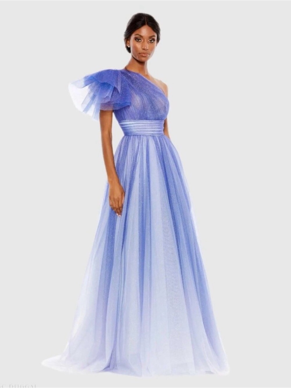Mac Duggal Purple Lavender Glitter Tulle One-Shoulder Ruffle Formal Gown